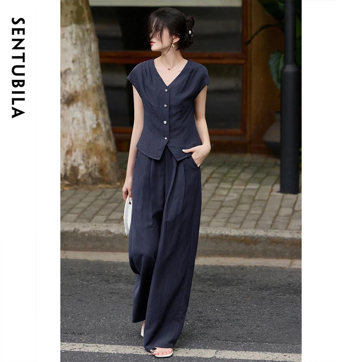 Ensemble pantalon en lin d'été SENTUBILA pour femme, tenue 2 pièces, chemise sans manches col en V s
