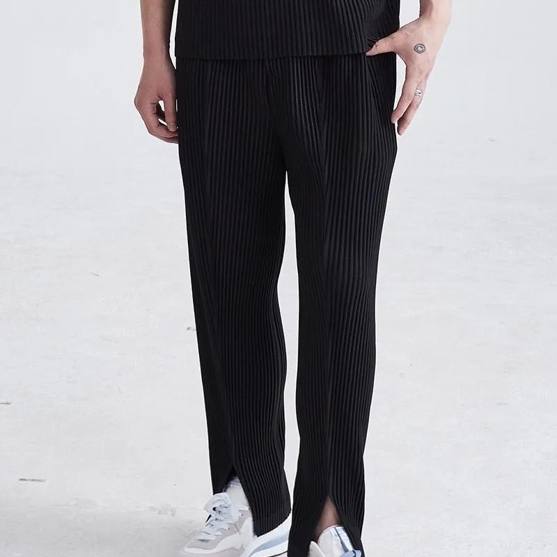 Miyake plissé hommes fente pantalon noir drapé automne décontracté pantalon droit ample Simple vêtem
