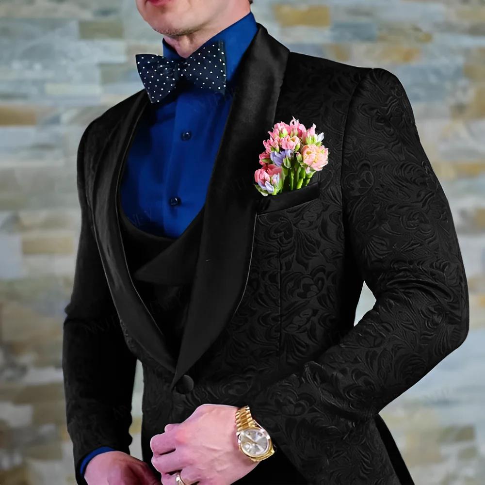 Costume bleu marine pour hommes, veste et pantalon en Jacquard, ensemble 3 pièces, smoking formel po