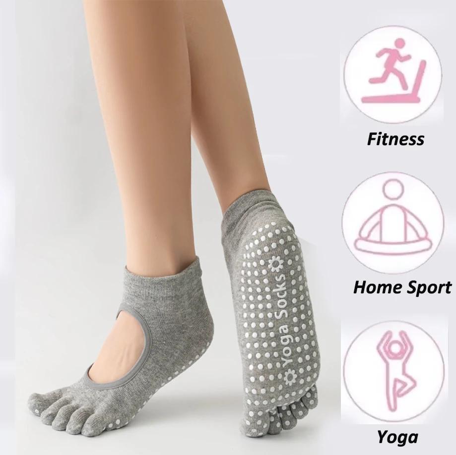 Chaussettes de Yoga dos nu à cinq orteils pour femmes, en coton, antidérapantes, pour Fitness, Pilat