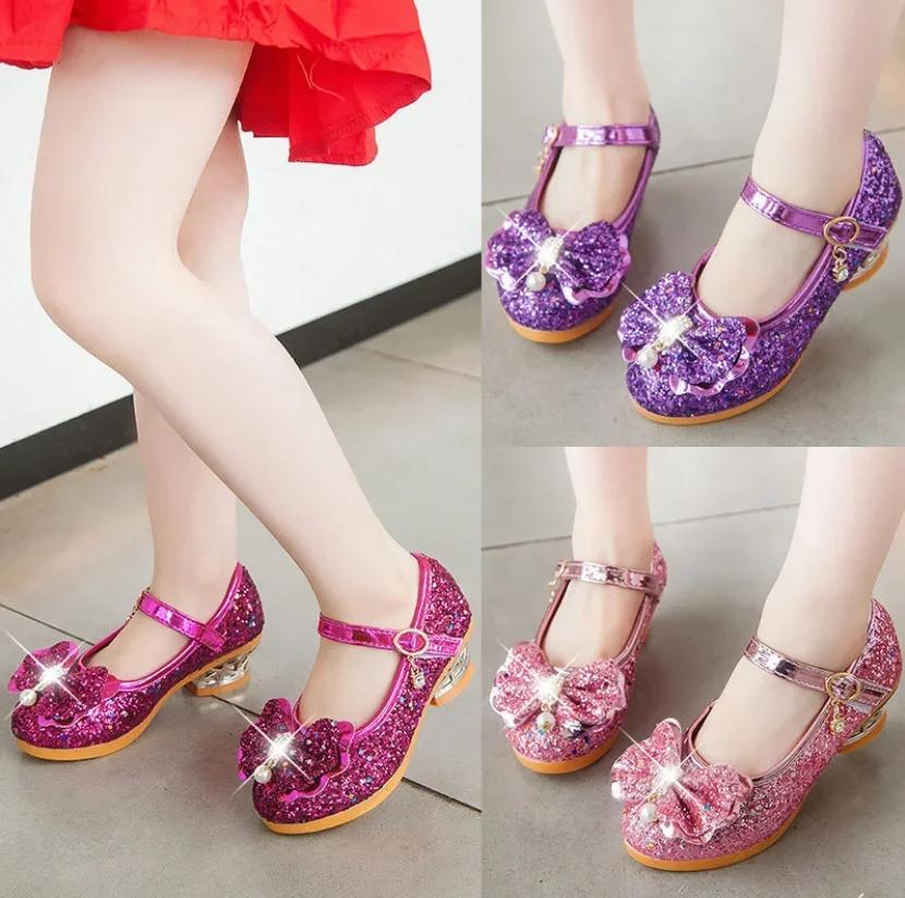 Chaussures de danse princesse à talons hauts pour filles, chaussures à paillettes en cuir souple, à 