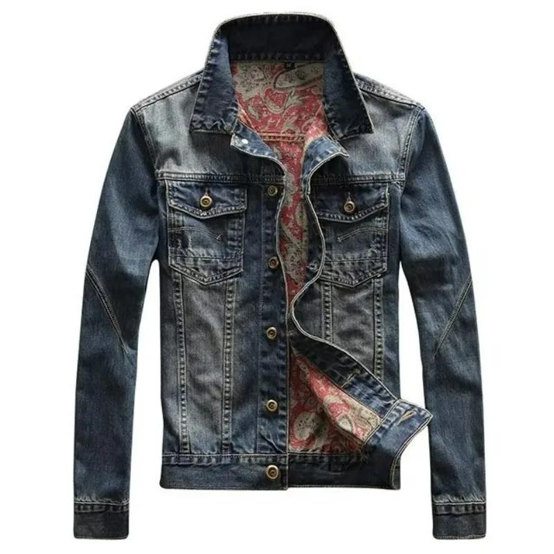Manteau en jean pour homme, printemps-automne, col rabattu, simple boutonnage, coupe ajustée, bleu d