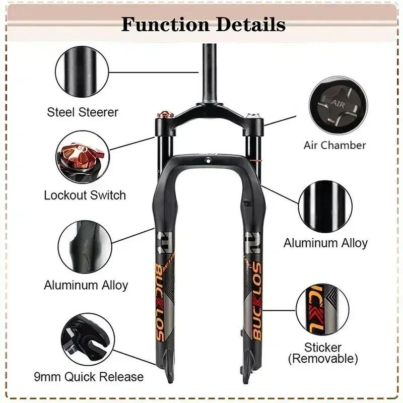 BUCKKub26X4.0-Fourche de vélo à suspension pneumatique, Fat Bike Travel, verrouillage manuel, fourch
