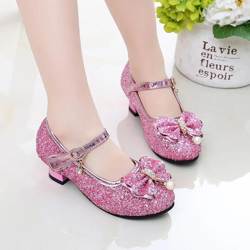 Chaussures de danse princesse à talons hauts pour filles, chaussures à paillettes en cuir souple, à 