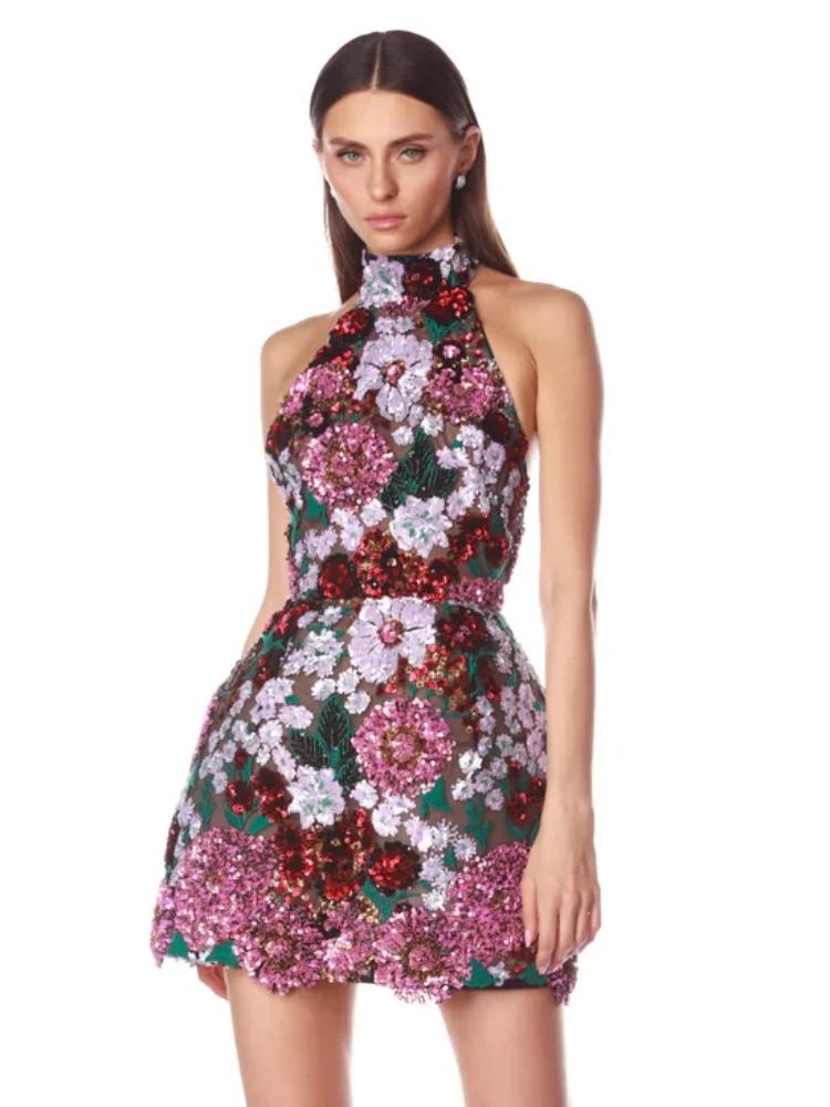Mini robe Sexy à paillettes et fleurs brodées pour femmes, col licou, sans manches, dos nu, paillett