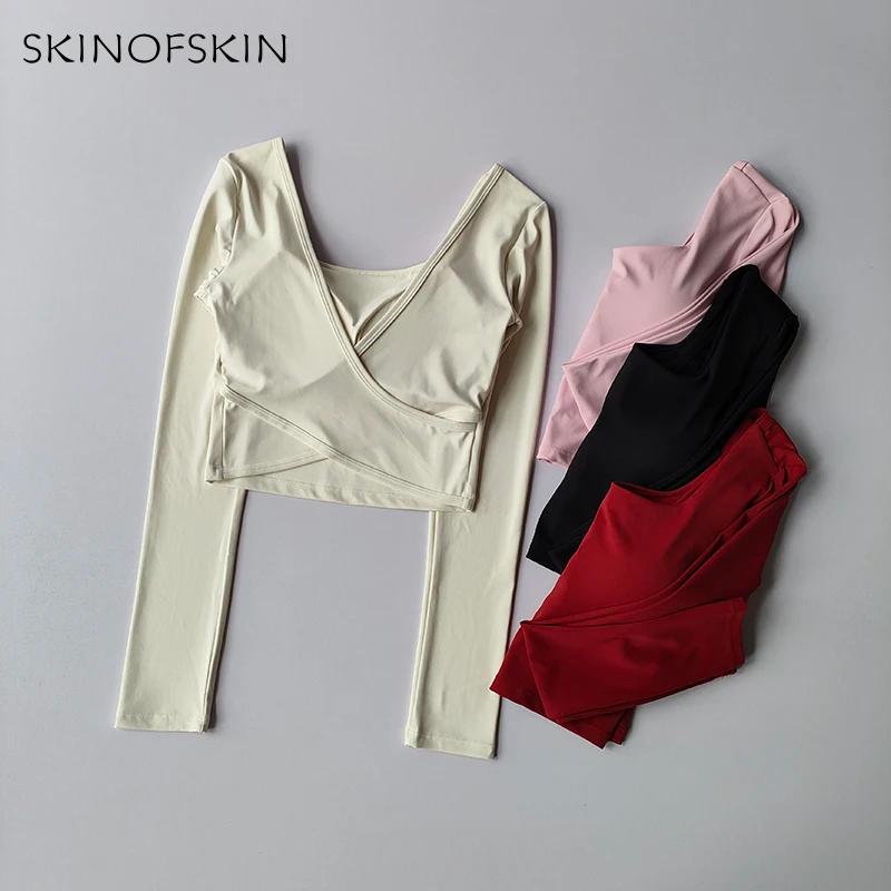 Coussinets poitrine fixes vêtements yoga dos croisé - Haut sport amincissant manches longues fitness