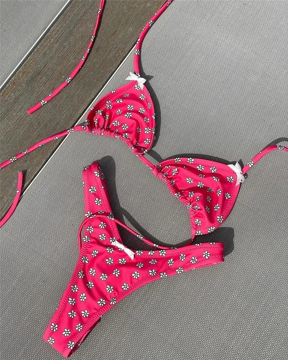 Maillot de bain deux pièces imprimé fleurs pour femme, bikini licou, coupe haute, baigneur, baigneur
