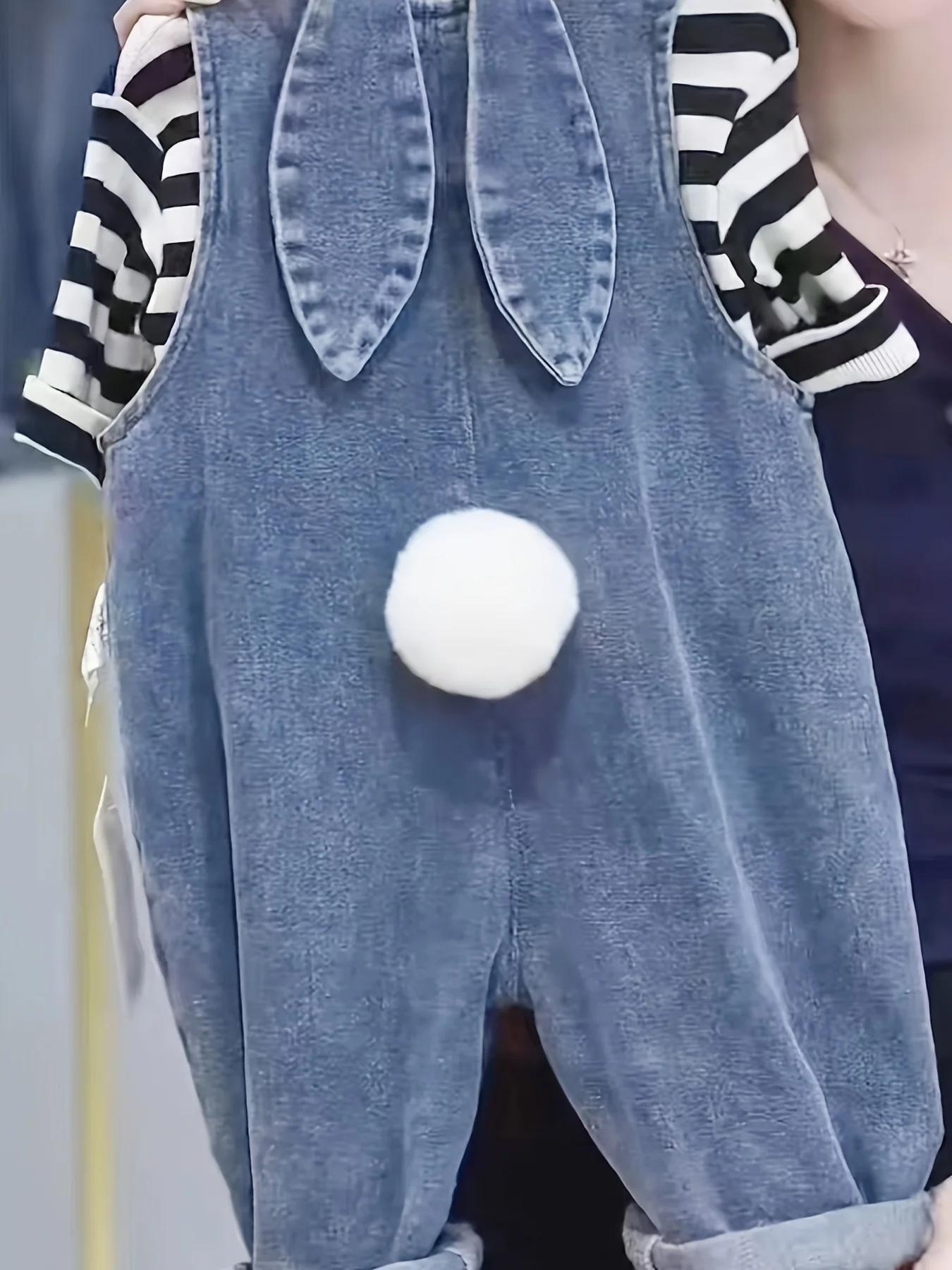 Pantalons cargo en denim pour enfants mignons avec détail d'oreille de lapin – Polyester élégant et 
