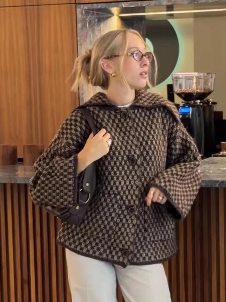 Cardigans tricotés à manches longues pour femmes, marron, élégant, revers, simple boutonnage, pull a