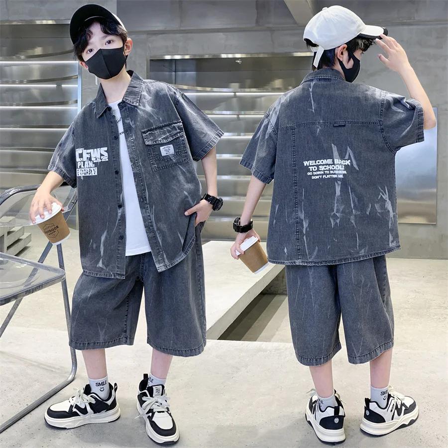 Ensemble d'été cool pour garçons, haut et bas en denim, chemise à manches courtes et short, 2 pièces