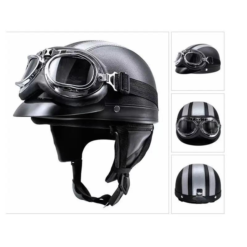 Casque de moto semi-ouvert rétro casque de moto et visière lunettes UV moto cross-country moto demi-