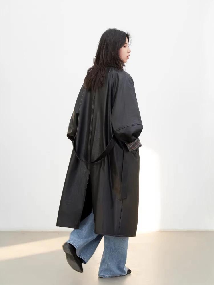 Manteau long en PU pour femme CHIC VEN, nouveau modèle décontracté avec ceinture, en similicuir, cou
