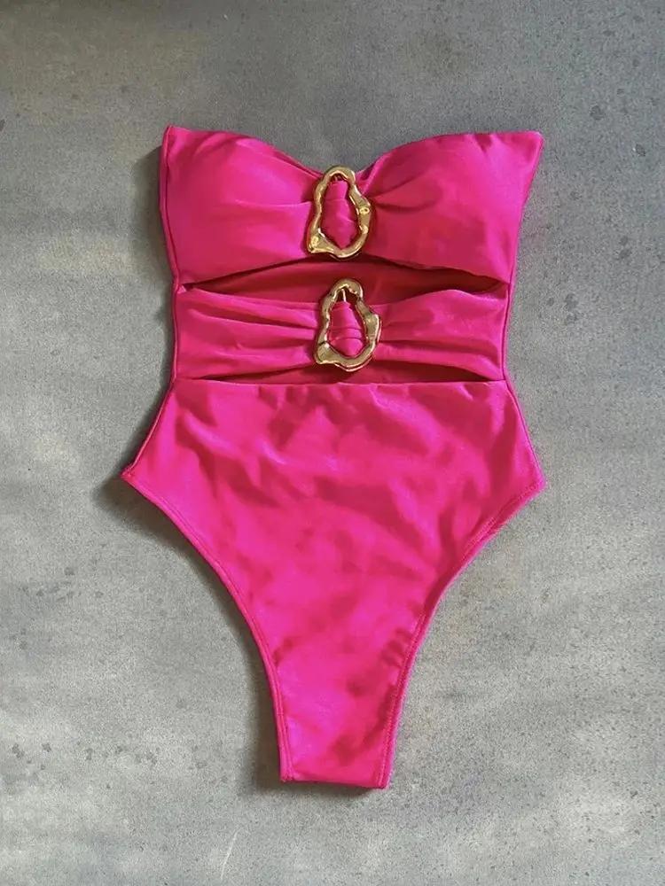 Maillot de bain femme une pièce bandeau jambe haute - Anneaux métal découpé sexy 3 couleurs