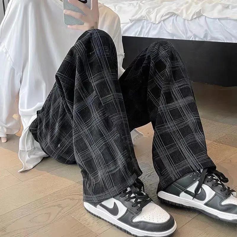 Printemps été velours côtelé Vintage Plaid pantalon hommes Streetwear jambe large Baggy pantalon Har