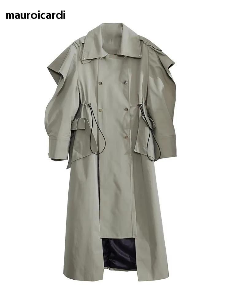 Mauroicardi-Manteau long à double boutonnage pour femme, pardessus élégant à volants, mode de piste,
