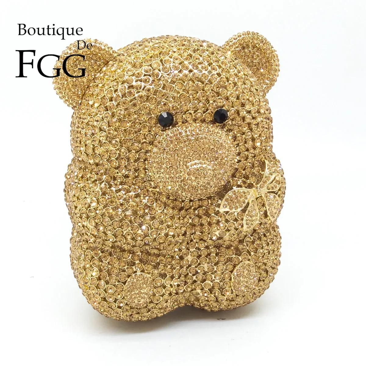 Boutique De FGG ours doré Teddy femmes or cristal soirée pochette strass Minaudiere sacs à main sac 