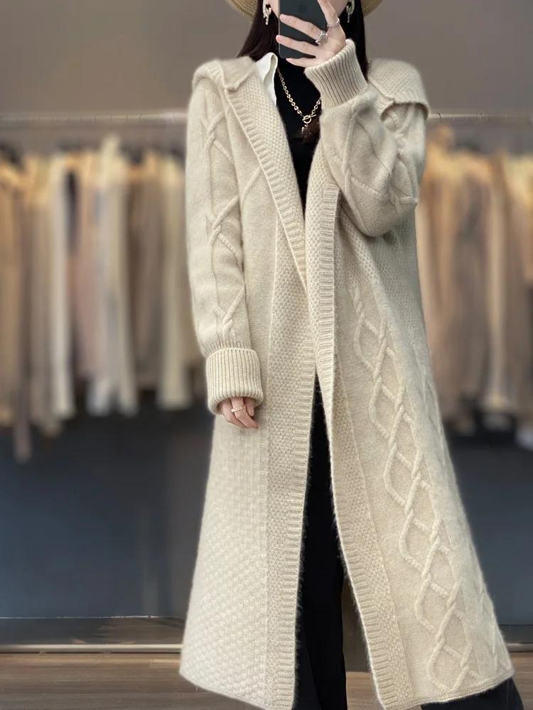 Cardigan Long en laine mérinos pour femme, pull torsadé à manches longues, manteau, ample et chaud, 