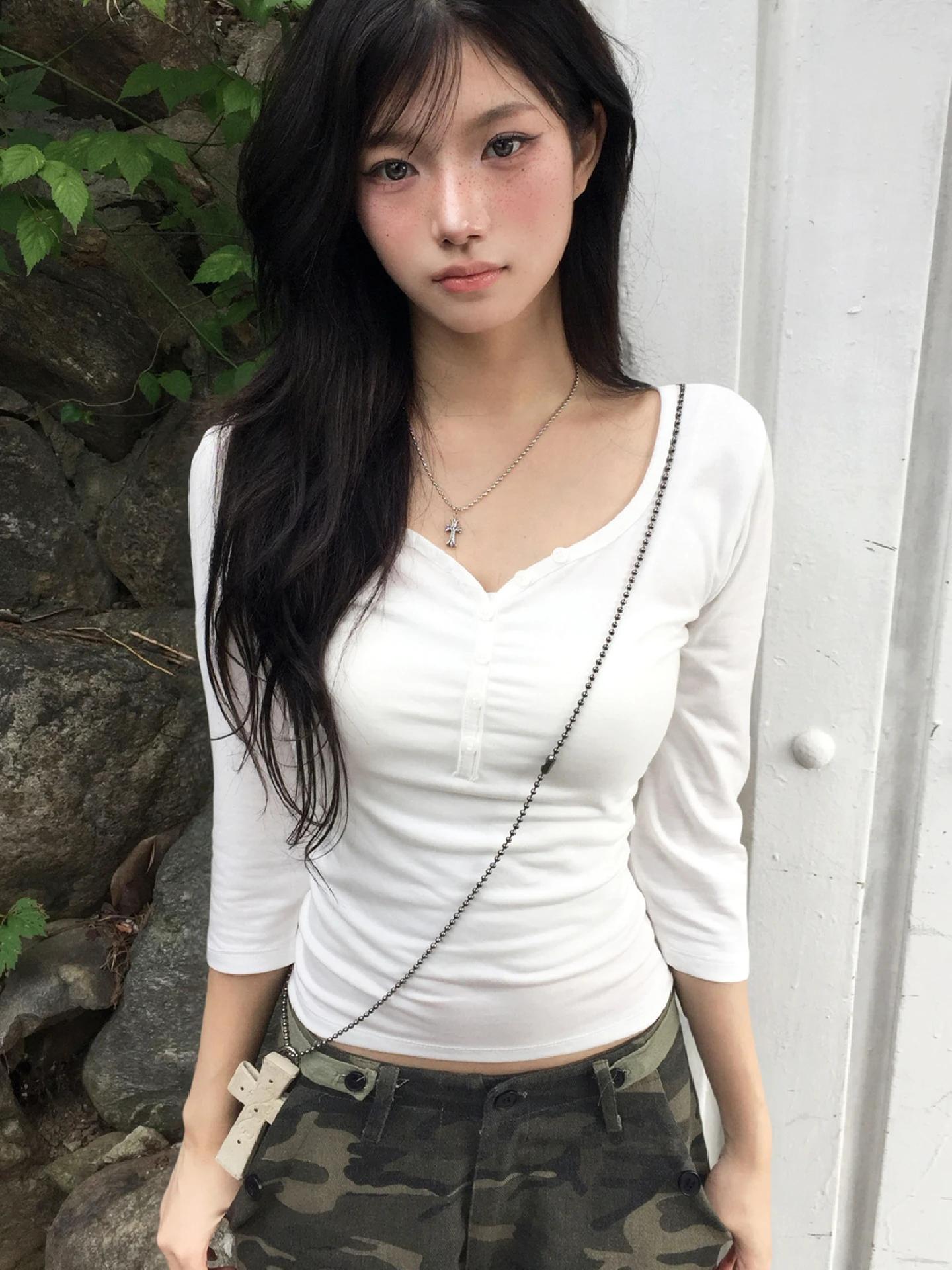 Dulzura automne solide col rond demi manches simple boutonnage mince T-Shirt femmes décontracté poly