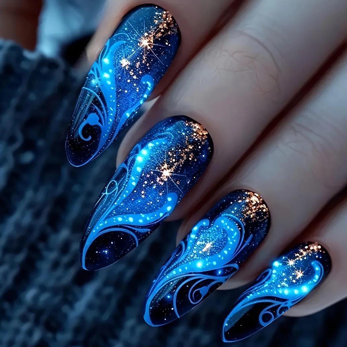 24 faux ongles en amande mi-longs avec motif rayé bleu, à presser, pour femme, amovibles, couvrance 
