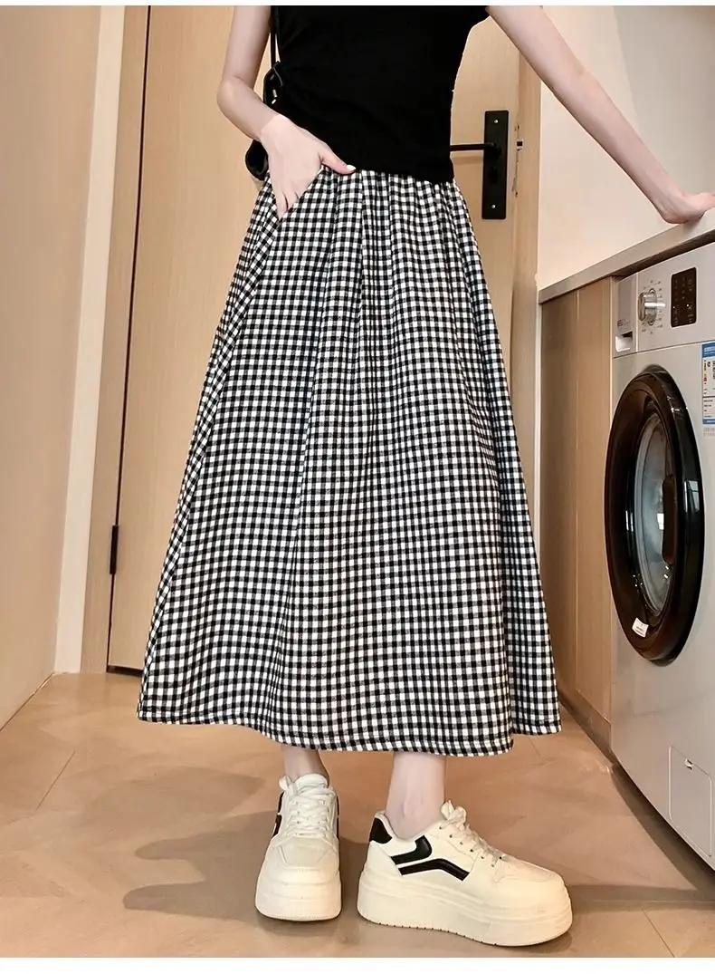 Jupe trapèze à carreaux noir et blanc pour femmes, légère, taille haute, longue, pour Petite, aminci