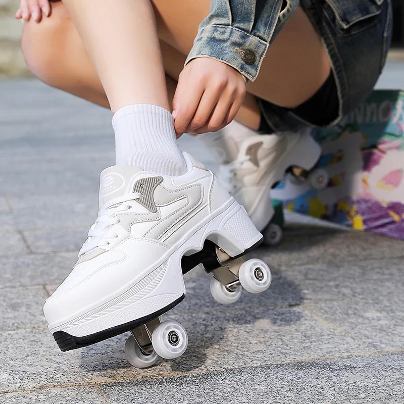 Chaussures à roulettes pour enfants avec 4 roues, patins à roulettes, chaussures de parkour déformab