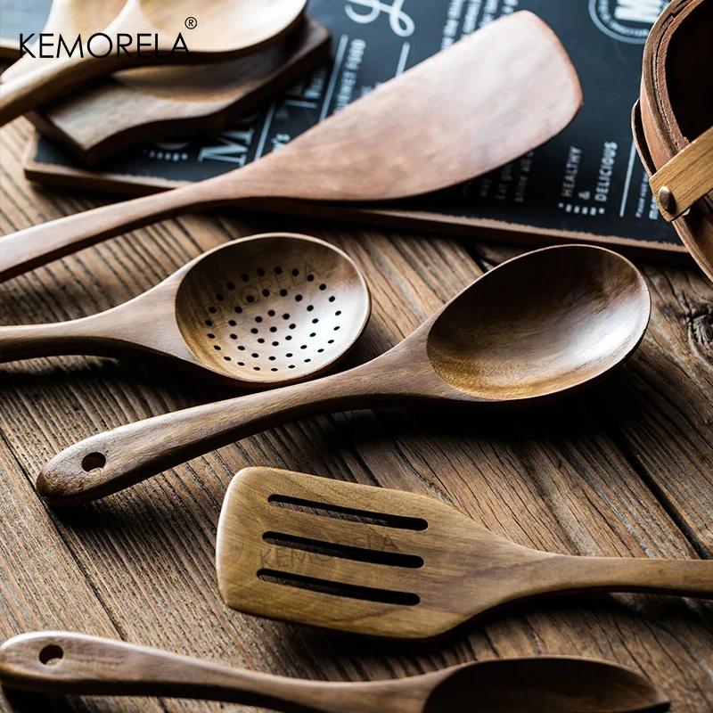 Cuillères en bois pour la cuisine, ustensiles en bois pour la cuisine avec porte-ustensiles, ensembl