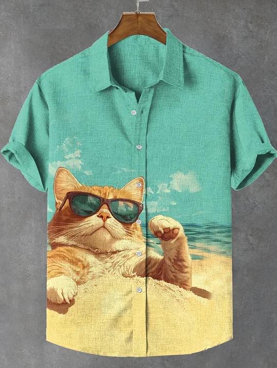 Chemise à manches courtes pour hommes, rétro, dessin animé, thème chat, hauts à manches courtes, mod