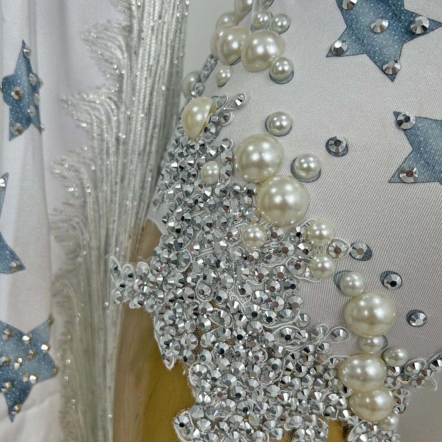 Justaucorps à Franges avec Strass et Grosses Perles pour Femme, Combinaison de Soirée à Long Pompon,