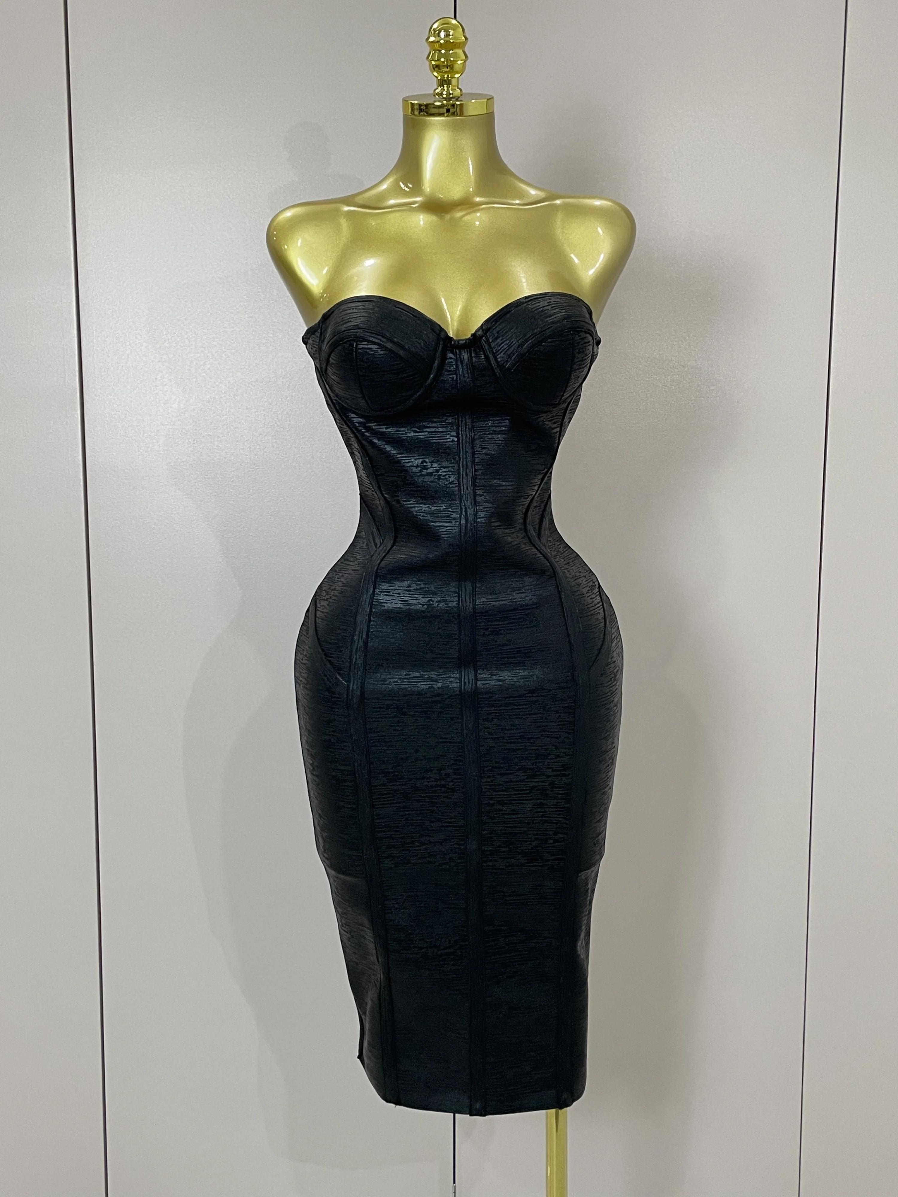 Sexy bretelles or noir feuille couleur moulante robe de pansement 2025New femmes mode célébrer soiré