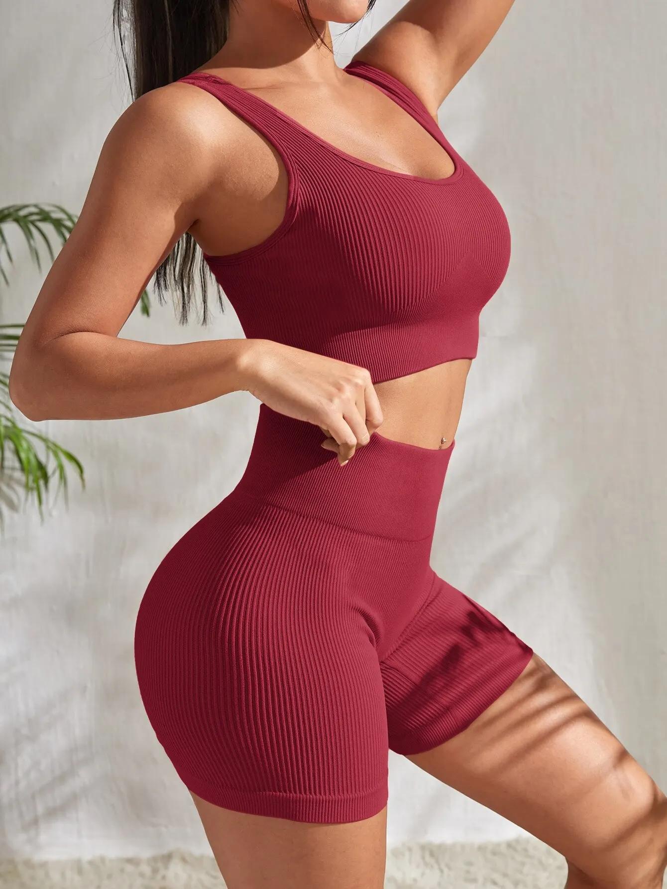 Ensemble yoga 2 pièces sans couture femme - Short taille haute et débardeur fitness confortable