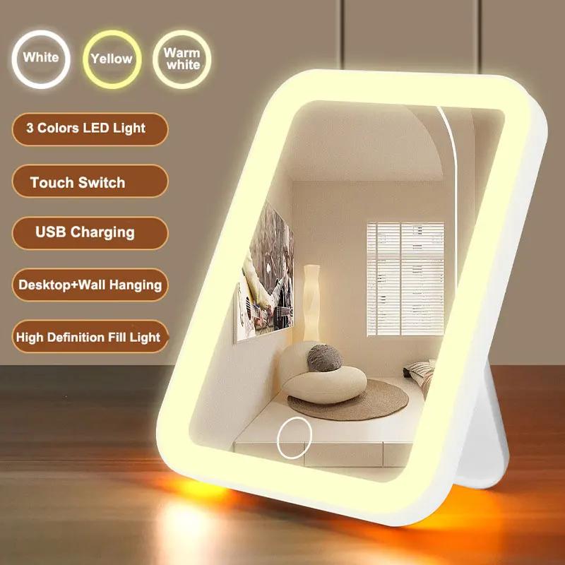 Miroir de courtoisie LED portable avec écran tactile, 3 couleurs, aste par USB, gradation, maquillag