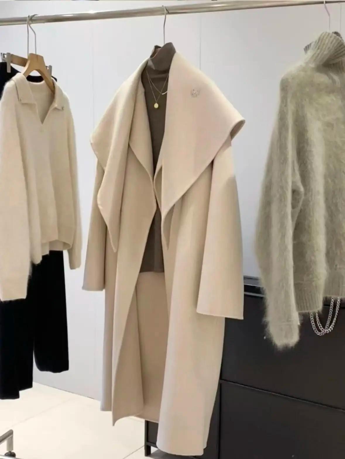 Manteau en laine mélangée à revers pour femme, 72 % laine, avec écharpe, nouvelle collection 2026, q