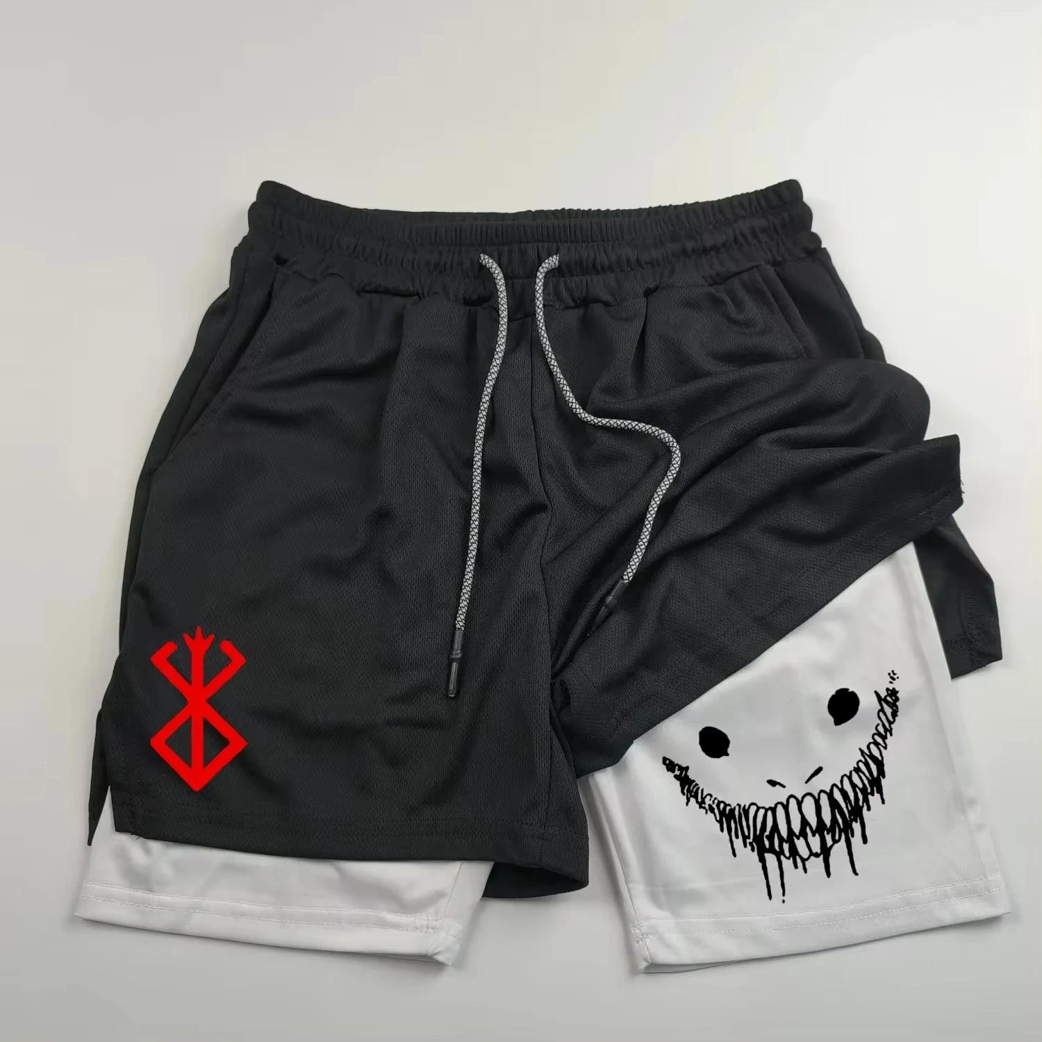 Short sport homme anime Berserk 2 en 1 séchage rapide fitness entraînement double pont serviette