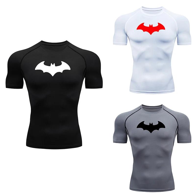 T-shirt de compression moulant pour homme à imprimé chauve-souris, à manches courtes, pour la course