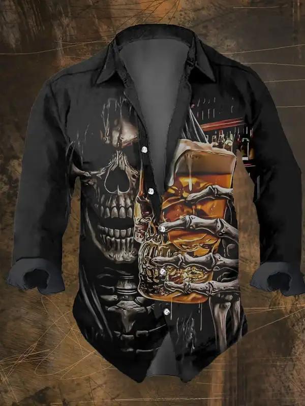 Chemise à manches longues pour hommes, Vintage, imprimé crâne foncé, fête d'halloween, imprimé tête 