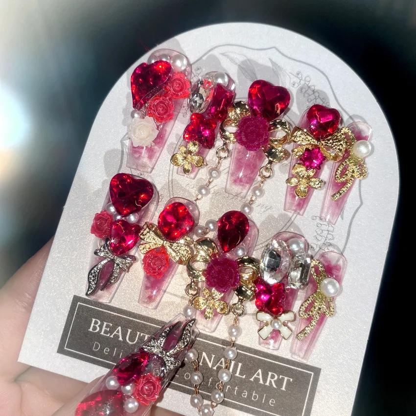 24 pièces nouvel an métal lourd presse sur ongles mariée chinoise mariage faux ongles couverture com