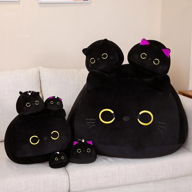 Oreiller rond en peluche de chat noir de grande taille 9-70cm, Kawaii, jouets de couchage, poupées d