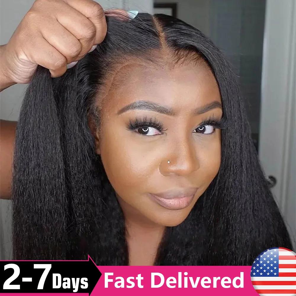 Kinky Straight Lace Frmeds Wig, Go Glueless Wig, Yaki Straight Human Hair Wig, Pre Plucked, 6x4 HD L