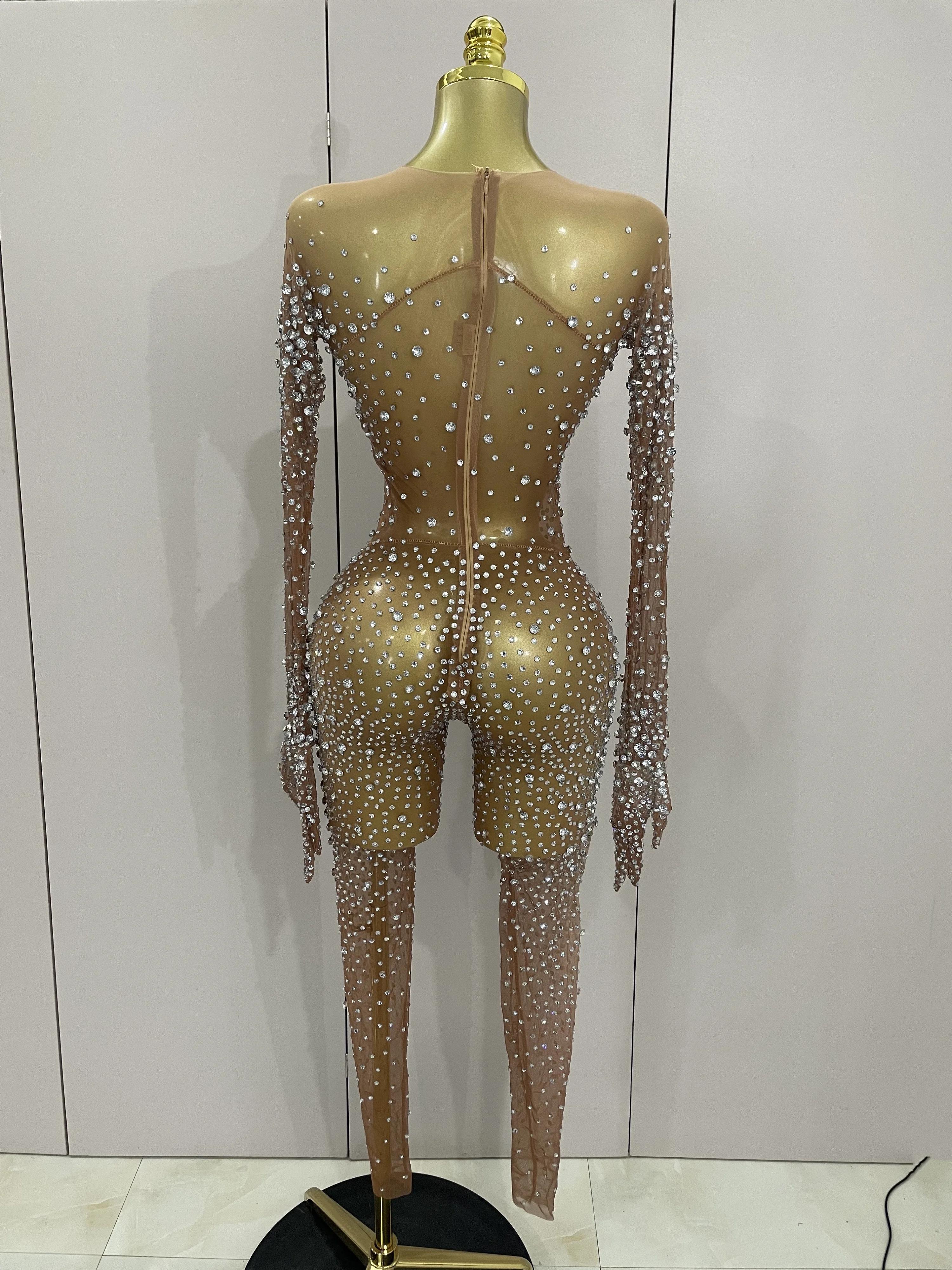 Combinaison de luxe en maille transparente pour femmes, strass scintillants, Sexy, moulante, robe d'