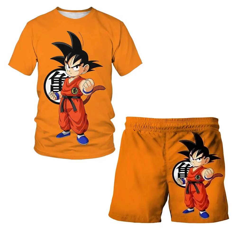 T-shirt Dragon Ball Z de dessin animé japonais pour enfants, ensemble deux pièces, T-shirt + short, 