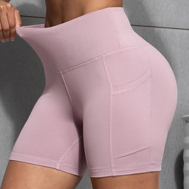Femmes Shorts avec poches Sexy bout à bout Fitness collants de cyclisme mince couleur unie taille ha