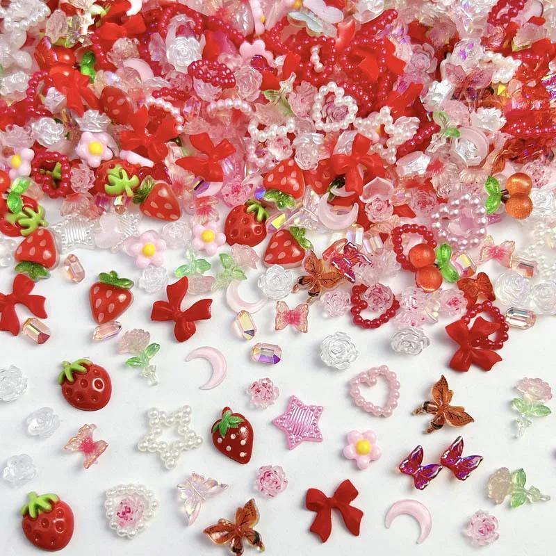 Breloques pour ongles, mélange aléatoire de fleurs de fraises, résine douce, lune à dos plat, access