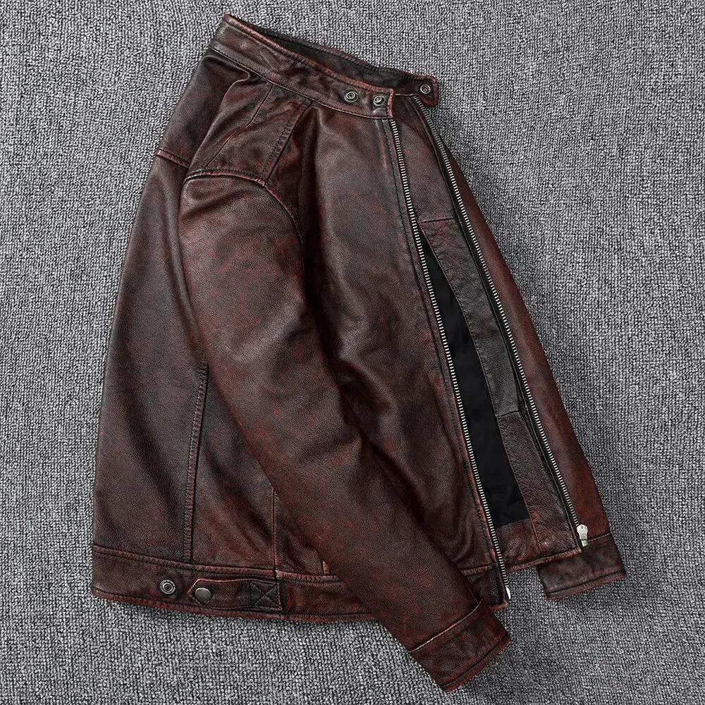Veste en cuir véritable pour hommes, manteau marron vintage, style motard classique, court, mince, d