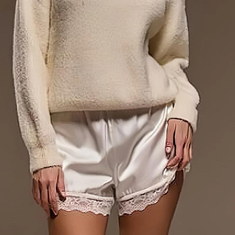 Short de salon en Satin pour femmes, taille élastique, dentelle, Patchwork, pyjama ample, vêtements 