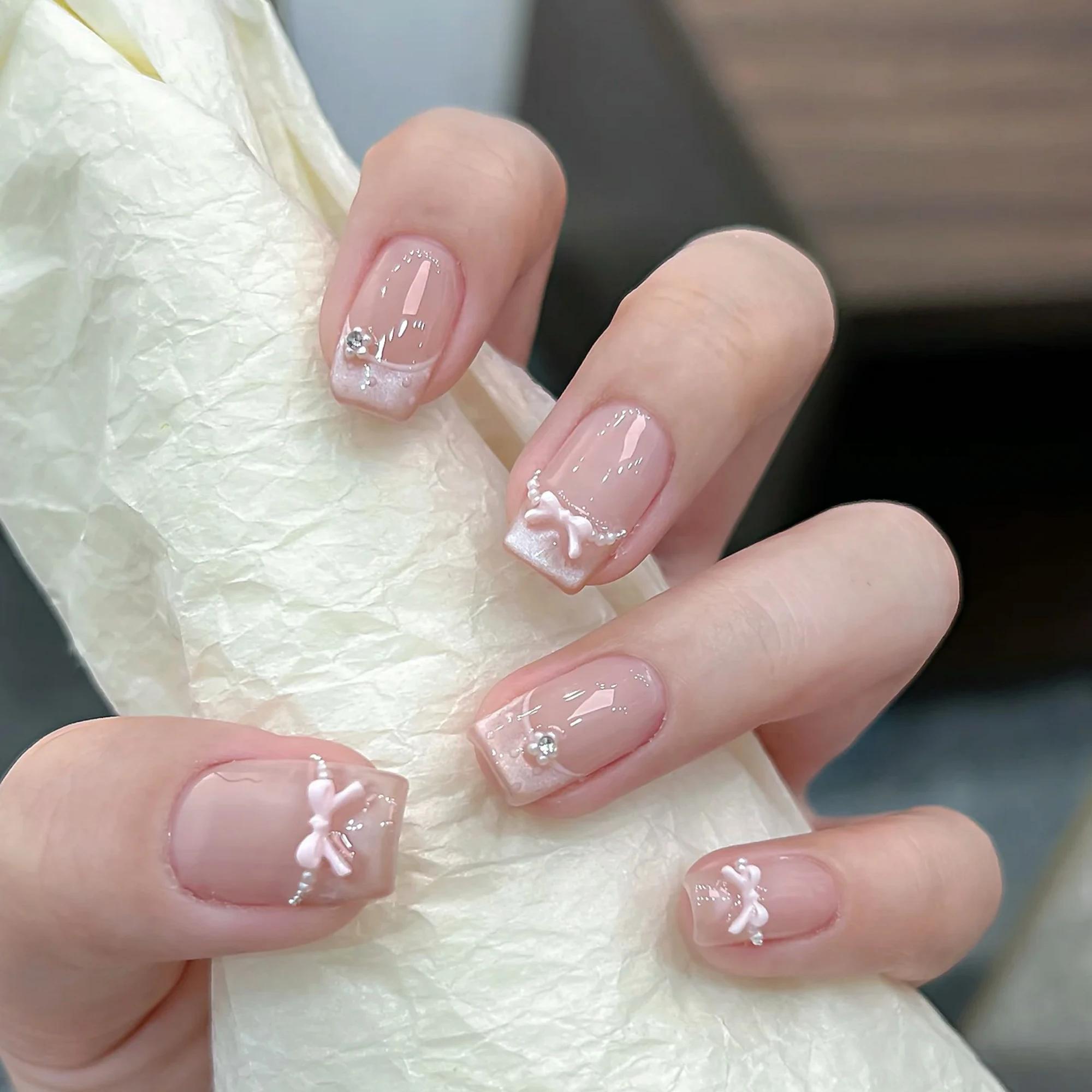 10 pièces haut de gamme style princesse français pur et sensuel, faux ongles faits à la main avec nœ