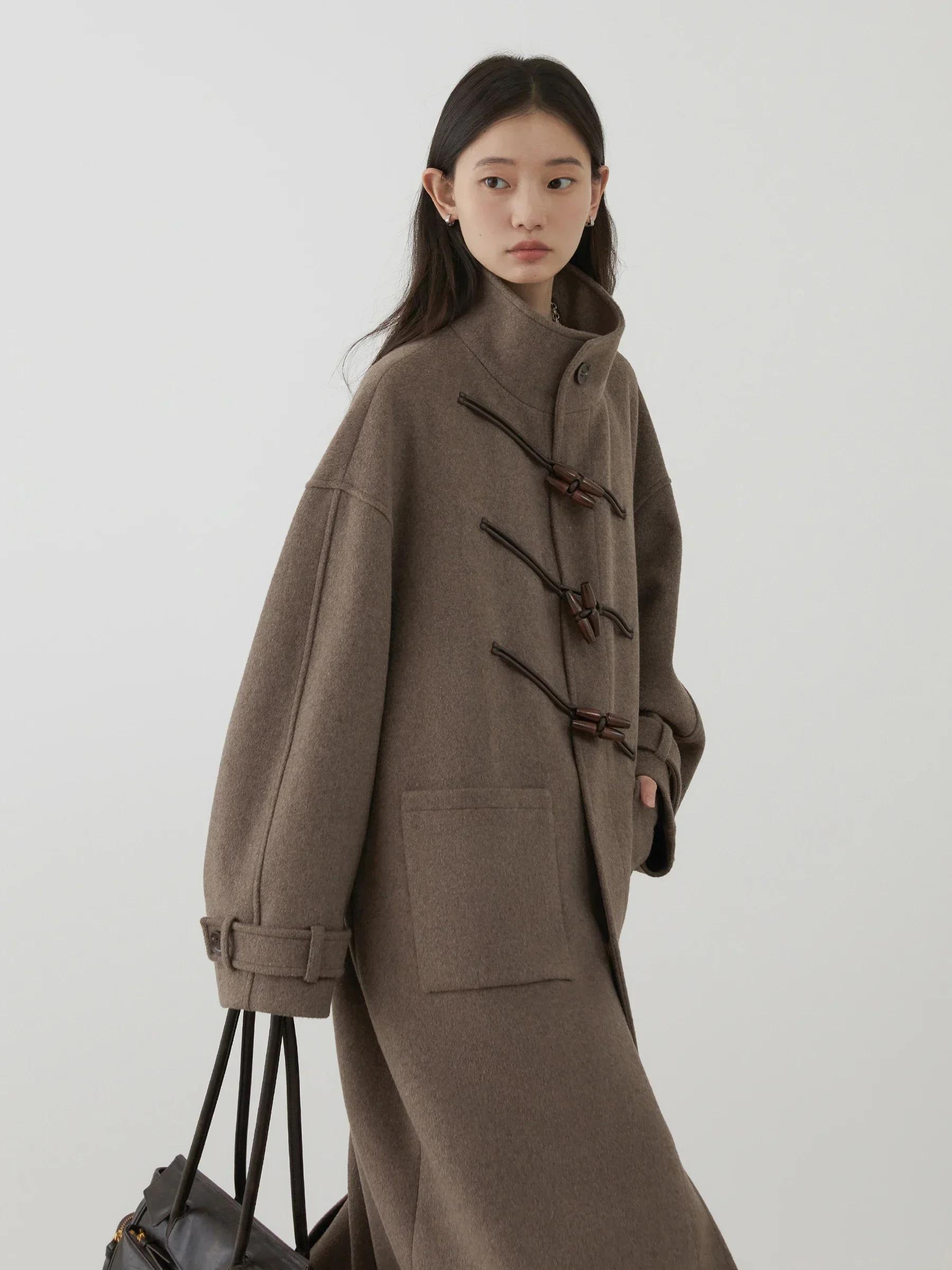 CHIC VEN-Pardessus long en laine boutonné pour femme, col montant, corne de vache, simple boutonnage