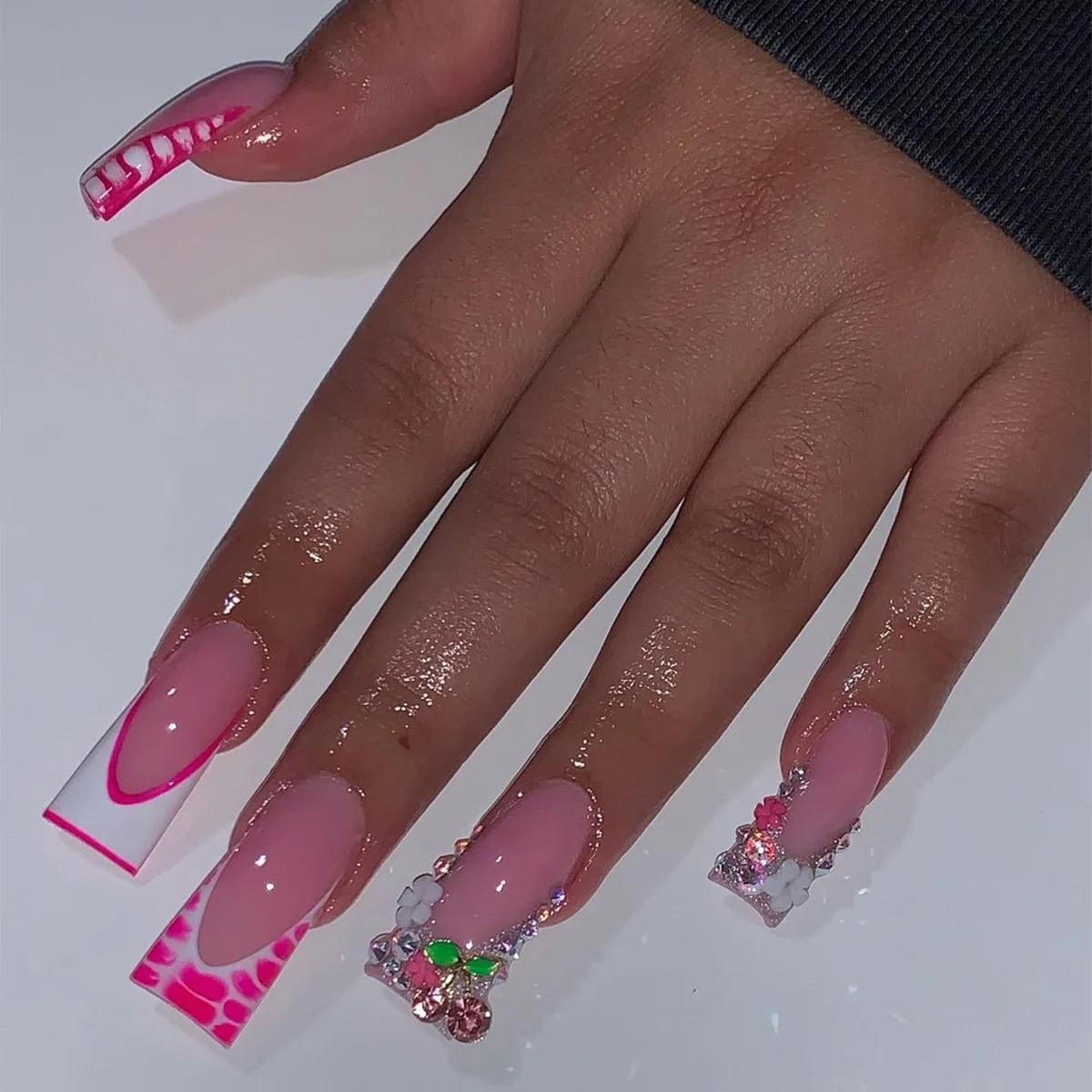 Faux ongles courts à rayures zébrées, 24 pièces, bec de canard français, à pression, Design d'arc po