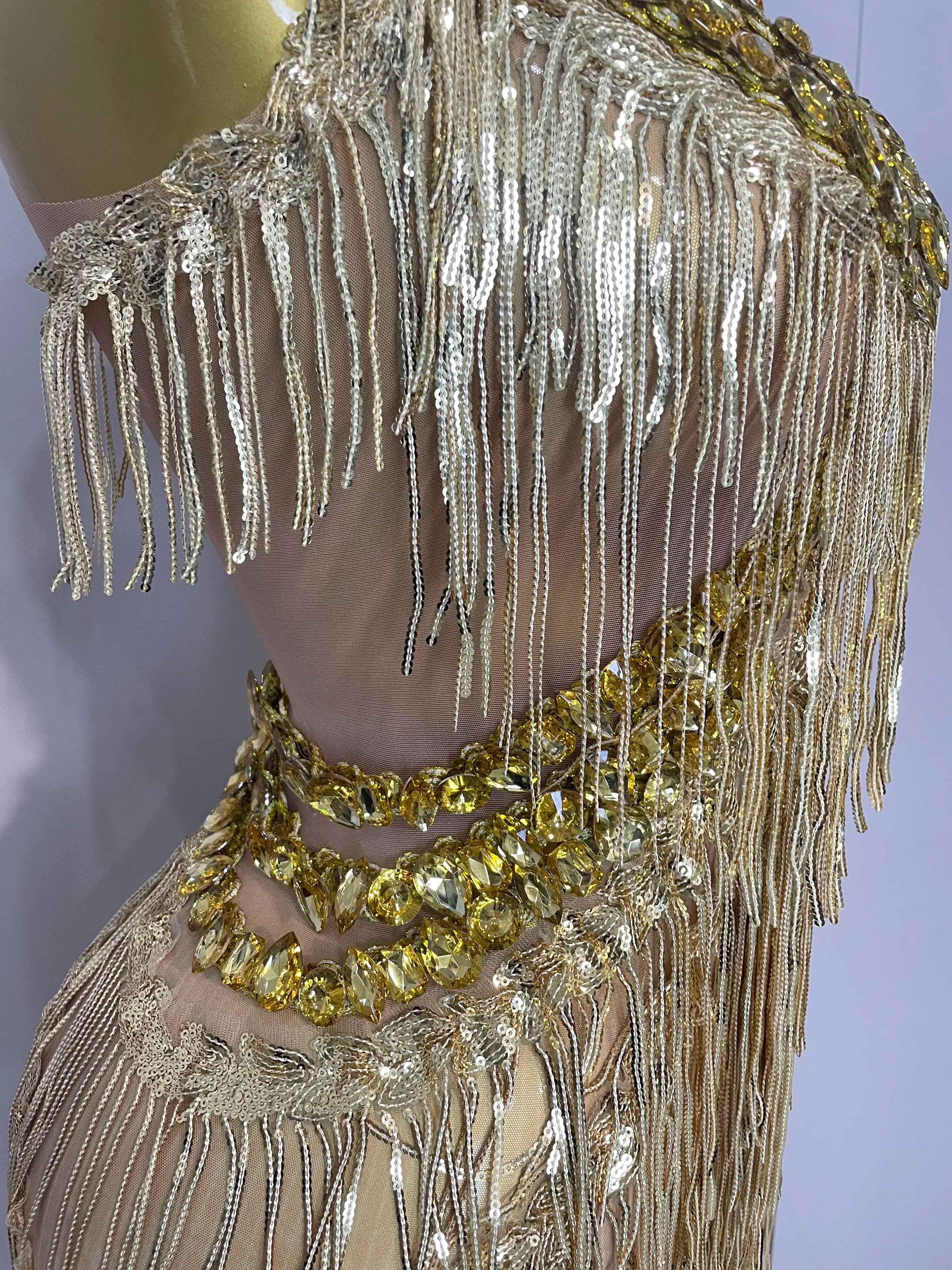 Combinaison à jambes larges pour femmes, strass dorés brillants, franges pailletées, tenue de soirée