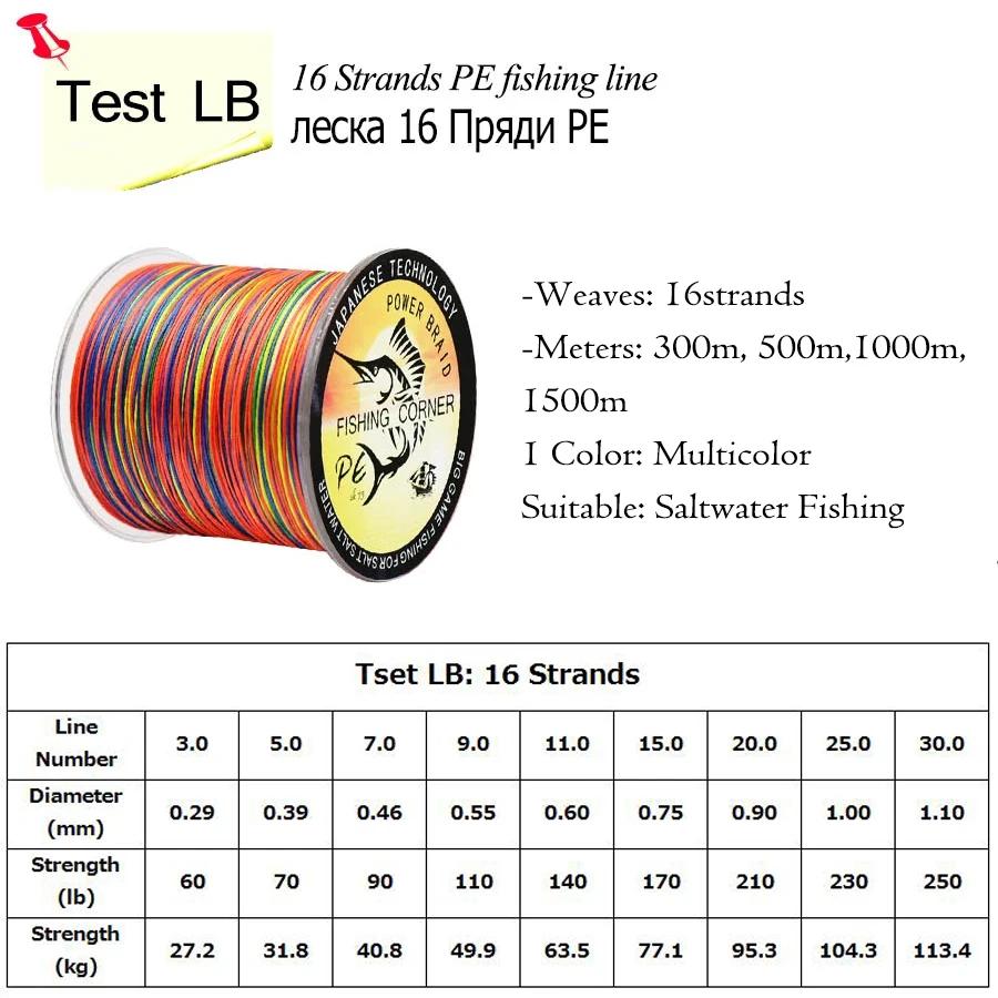 Ligne de pêche colorée tressée en PE, 16 brins, 300m, 500m, 1000m, 1500m, accessoire durable
