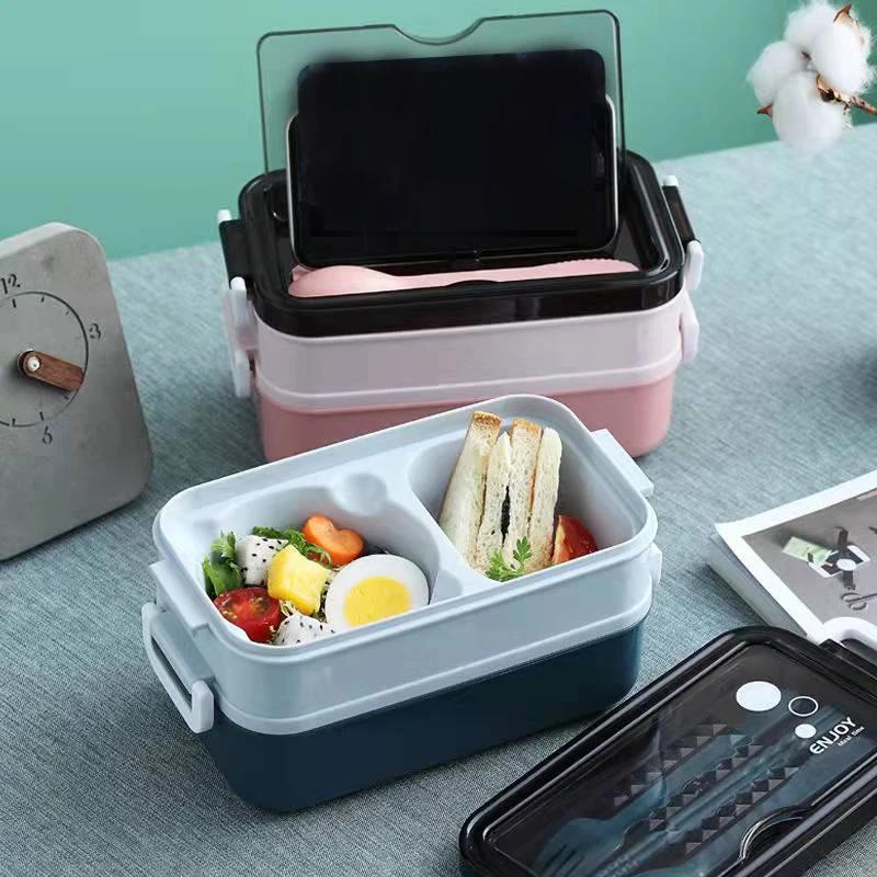 Boîte à déjeuner Double couche de 1400ml, compartiment Portable, boîte à nourriture, micro-ondes, av